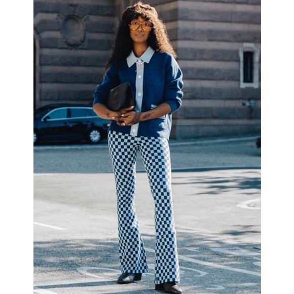 BAUM UND PFERDGARTEN Pants Womens M Blue Caramba Checkered Flare High Rise Y2K - Picture 1 of 15